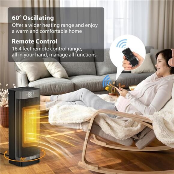 Space Heater Indoor with Thermostat, 16 inch PTC Electric Heater, 60°Oscillating - Picture 3 of 6